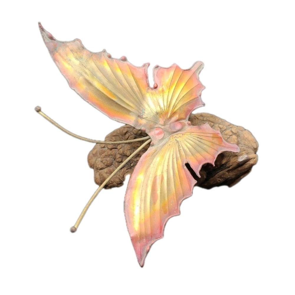 Vintage Metal Art Butterfly Burl Driftwood Gold Brass Copper Iridescent Retro